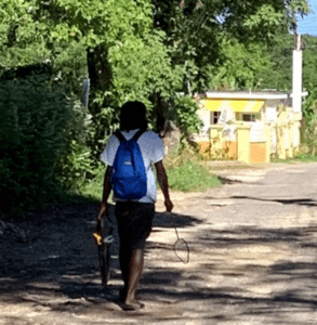 Picture of young man walking down gravel street holding fins, mask and fishing harpoon