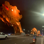 Night time photo of the famous dragon bridge in Vietnam 