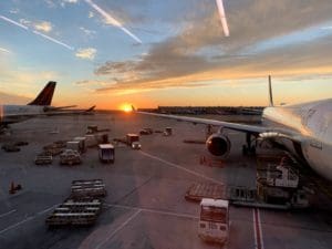 Sunset on the tarmac at Dulles International Airport in Virginia