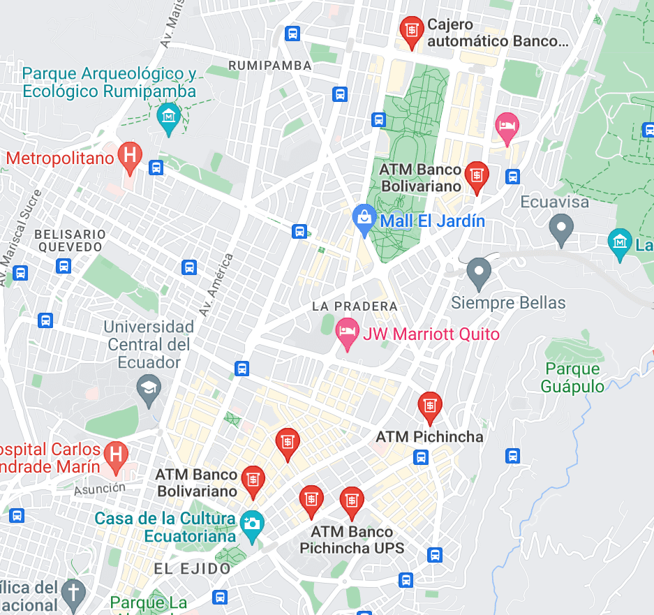 Google Map showing ATMs in Quito, Ecuador