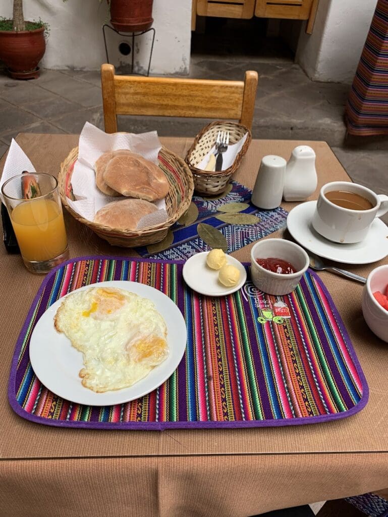 Breakfast of eggs coffee and toast 